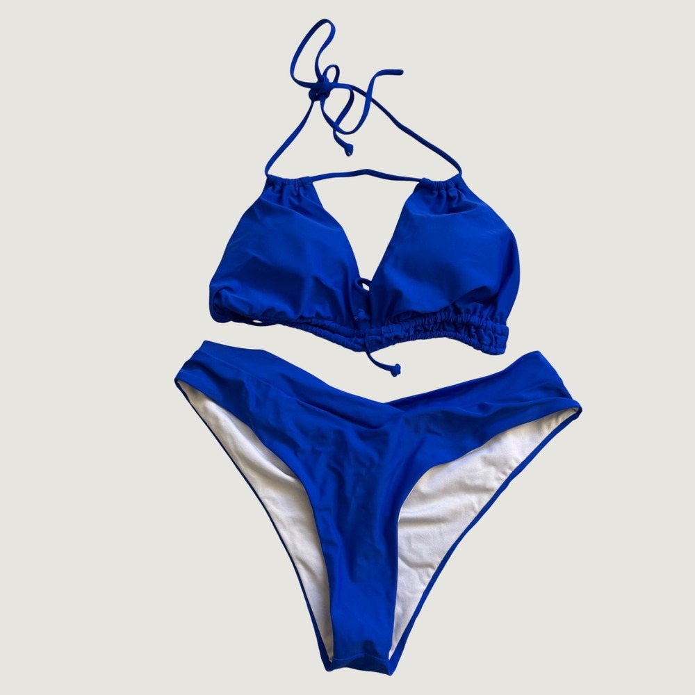 Solid Cobalt Blue Halter Ruched Drawstring Bikini Set Two Piece Swimsuit L